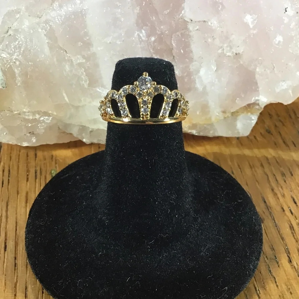 Beautiful Gold Filled Pave Cubic Zirconia Princess Tiara Ring - Size 7